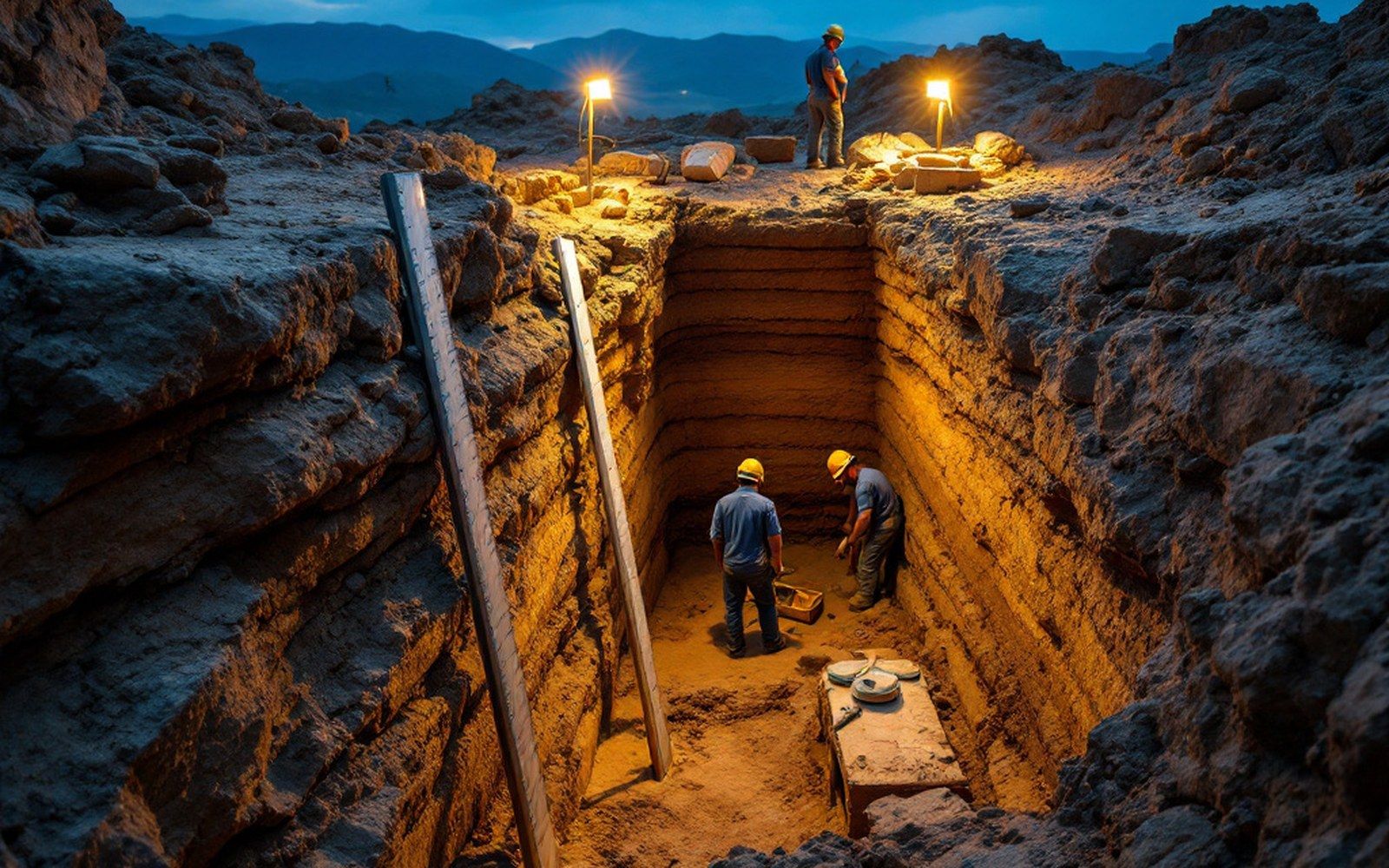 An excavation trench with the layers visible in the cut face and a measuring scale against it