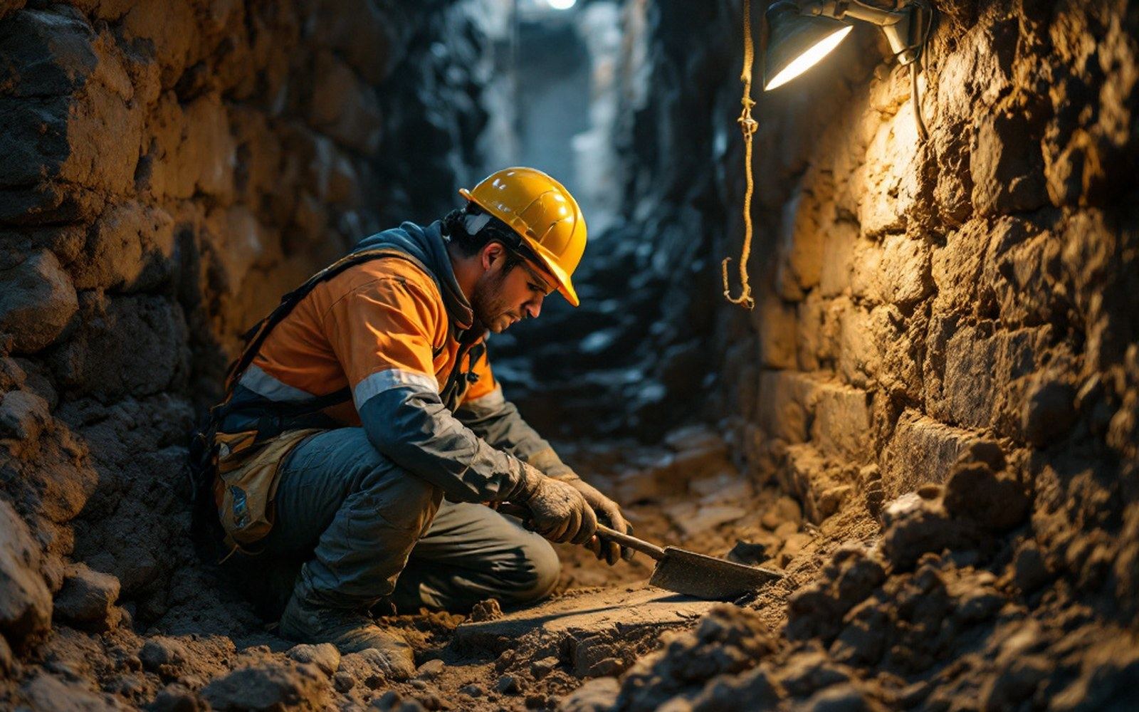 An adult excavator kneeling in a trench working a section face with a trowel