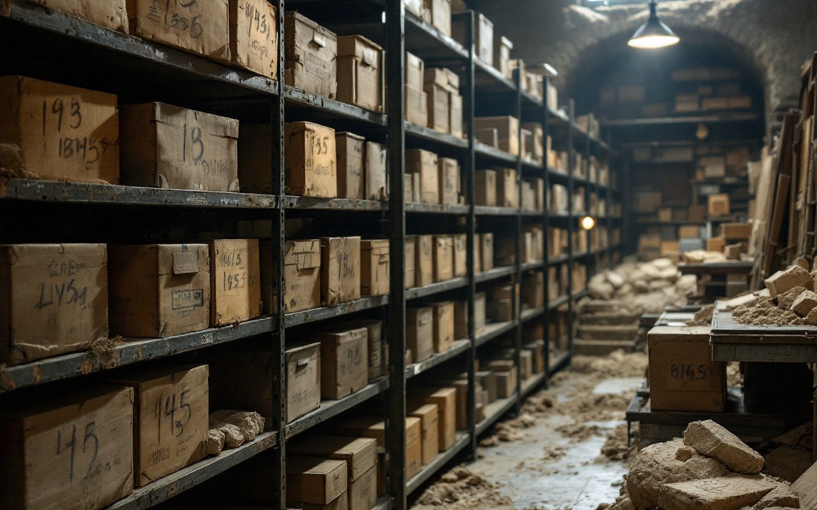 A museum store of numbered cardboard boxes on metal shelving